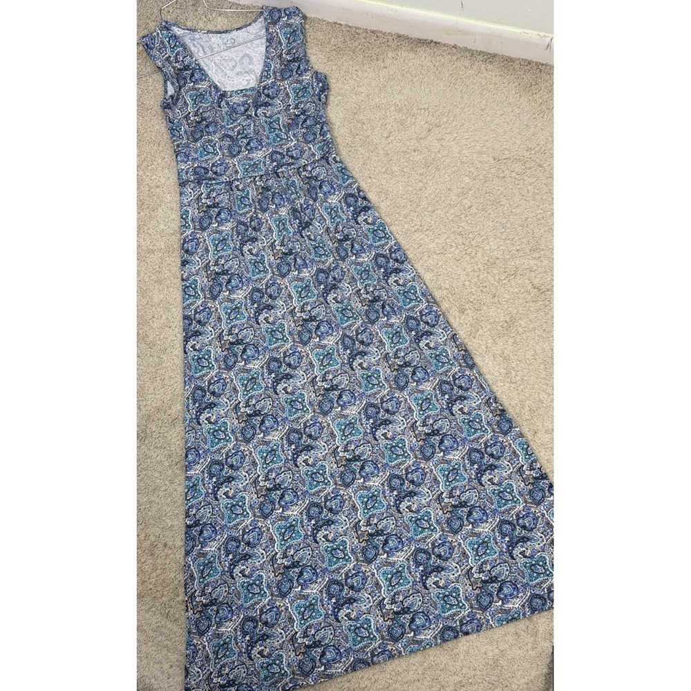 Garnet Hill Sleeveless Blue Green Paisley‎ V Neck Maxi Dress Size S Boho Cruise